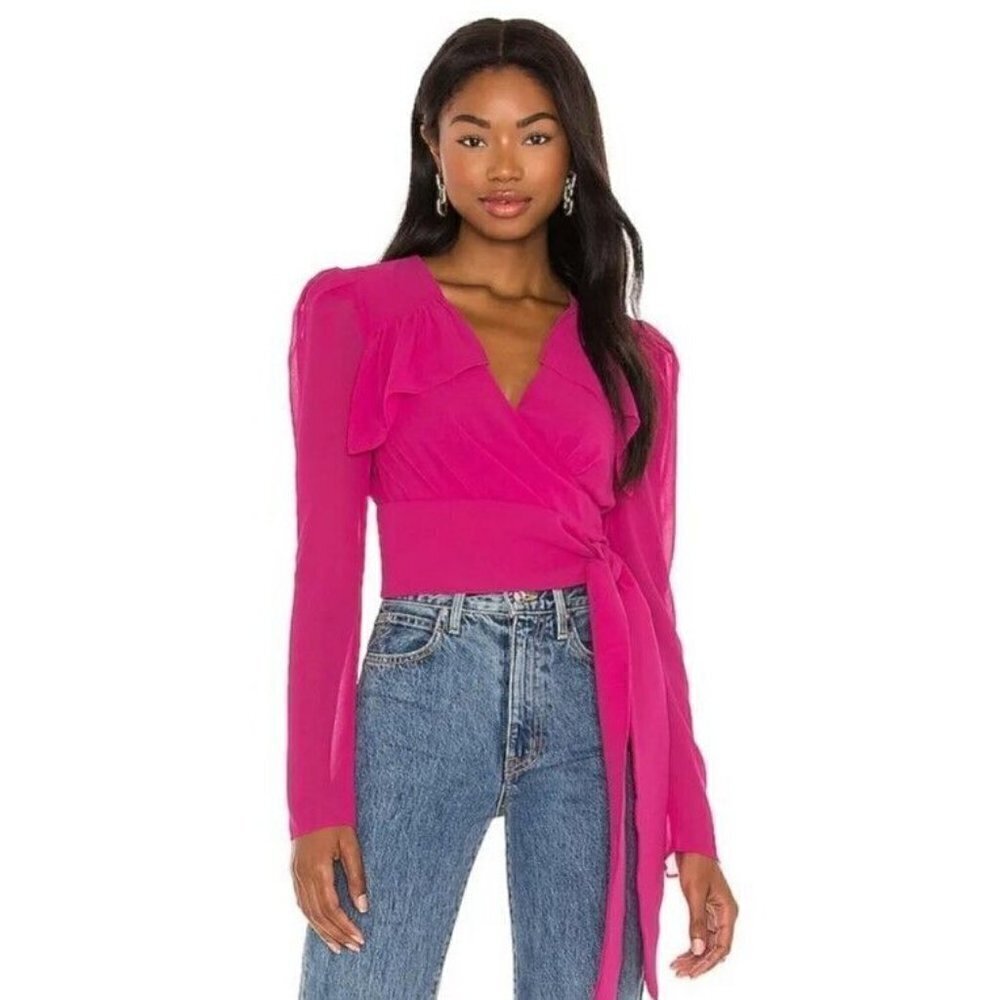 NBD Palermo Wrap Top Womens Small Fuchsia Pink Ruffles Long Sleeve Blouse